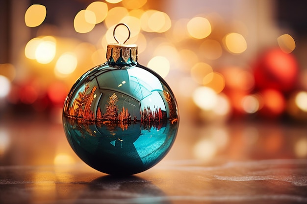 Une boule de Noël azur en verre et possède une surface lisse et polie avec un reflet