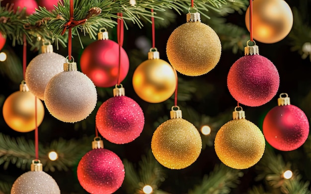 Boule de Noël Boules de fond de Noël et branche d'épicéa Sapin de Noël et boules de Noël Boule de Noël brillante accrochée à des branches de pin avec fond festif AI générative
