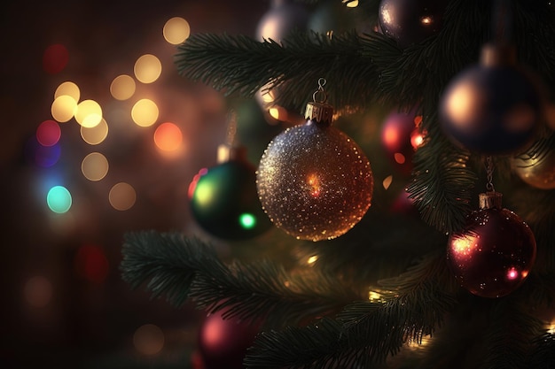 Boule de Noël colorée sur l'arbre de Noël avec fond clair flou Close up