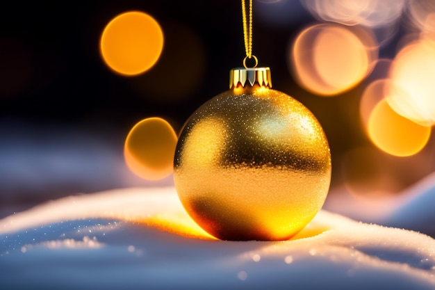 Boule de Noël dorée sur une branche d'arbre enneigée