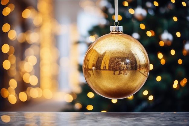 boule de Noël dorée sur fond d'arbre de Noël et bokeh