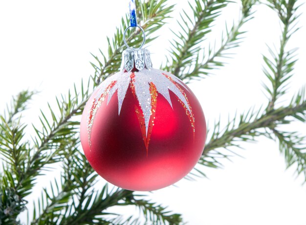 Boule de Noël sur fond de branches de fourrure, boule rouge