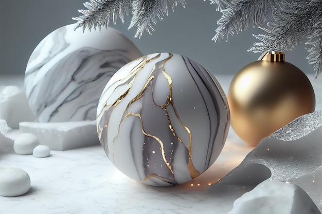 Une boule de noël en marbre se trouve à côté d'un arbre de noël avec une décoration en argent.