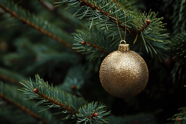 Une boule de Noël en or suspendue à une branche d'un arbre de Noël de près