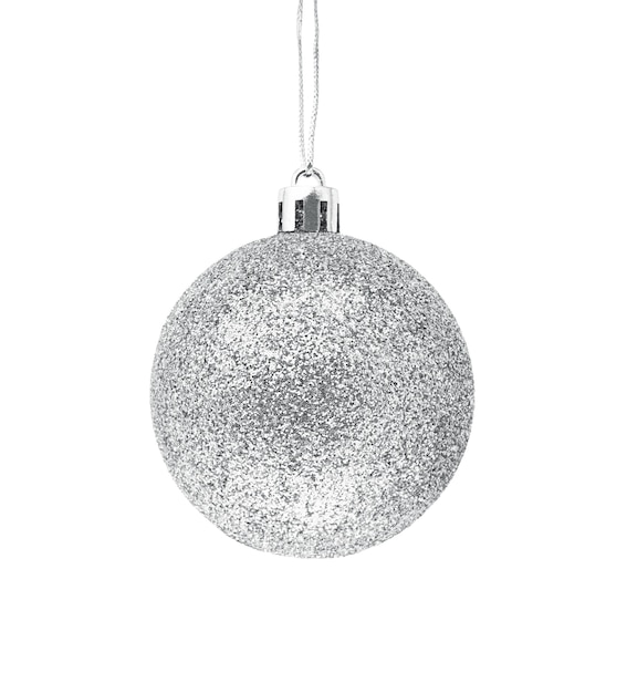 Boule De Noël à Paillettes D'argent Suspendu Isolé Sur Fond Blanc