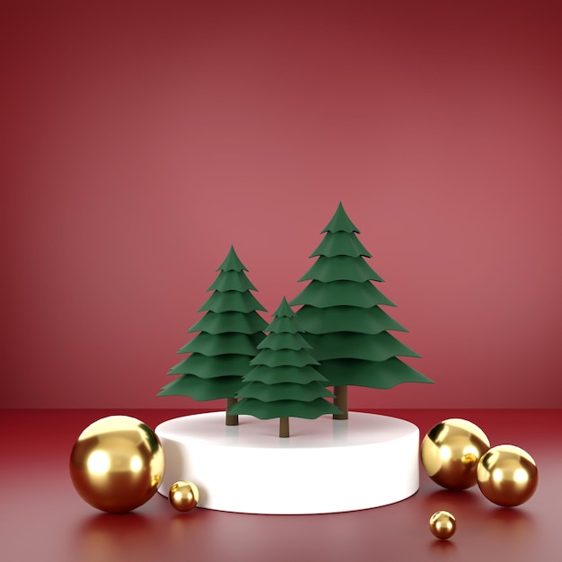Boule de Noël de rendu 3D et arbre de Noël sur fond rouge