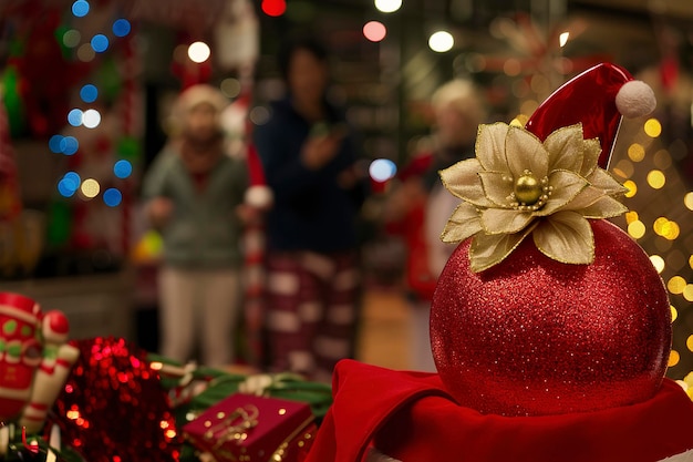 Boule de Noël rouge avec fleur d'or et chapeau rouge du Père Noël avec des lumières de Nouvel An à l'arrière-plan flou carte postale de vacances