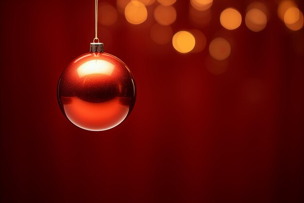 Une boule de Noël rouge suspendue à une corde sur un fond rouge