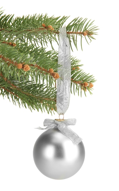 Boule de Noël sur sapin, isolé sur blanc