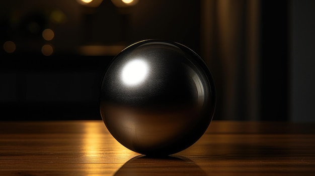 une boule noire et dorée se trouve sur une table en bois.