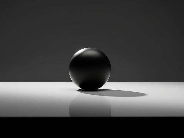 Une boule noire est sur une surface blanche avec une ombre sur le mur.