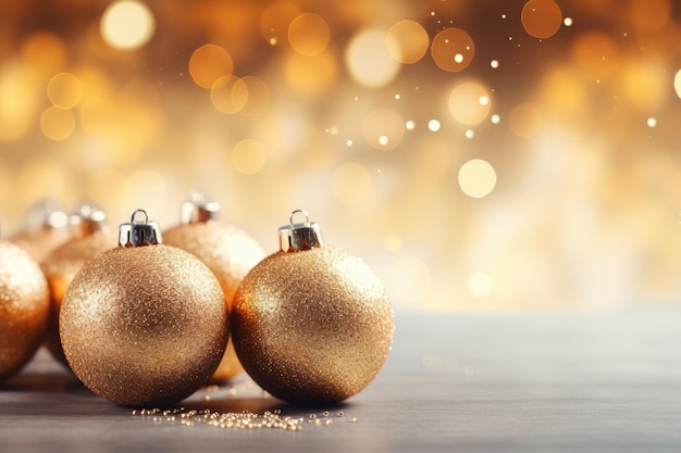 Boule d'or de Noël sur table en bois et fond d'or scintillant Espace de copie