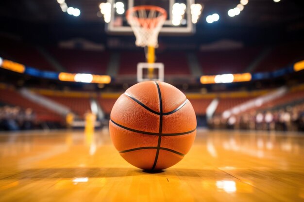 Boule orange sur un terrain de basket-ball avec le stade en arrière-plan Championnat de jeu de basketball