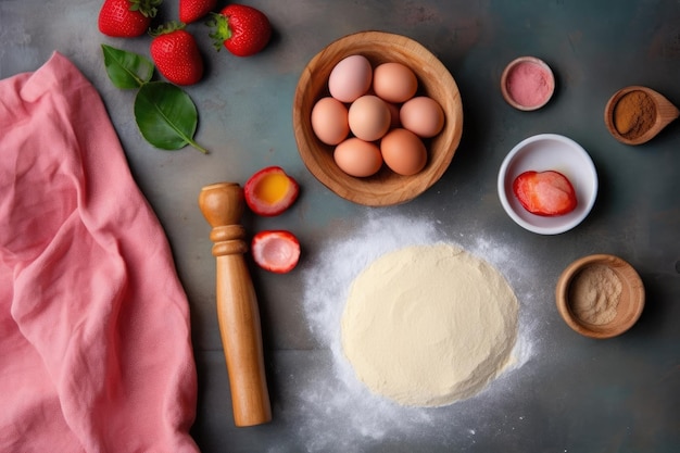 Boule de pâte et ingrédients farine eau beurre sucre rhubarbe pour la cuisson sur fond isolé