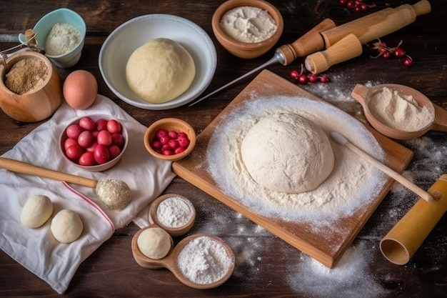 Boule de pâte et ingrédients farine eau beurre sucre rhubarbe pour la cuisson sur fond isolé