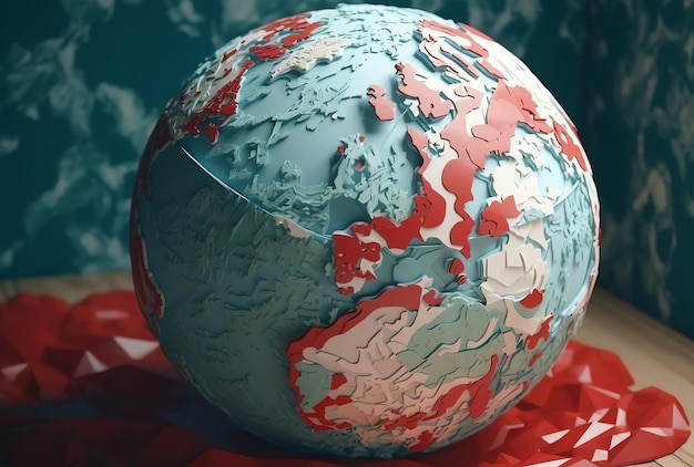 Une boule rouge et blanche avec une carte du globe dessus