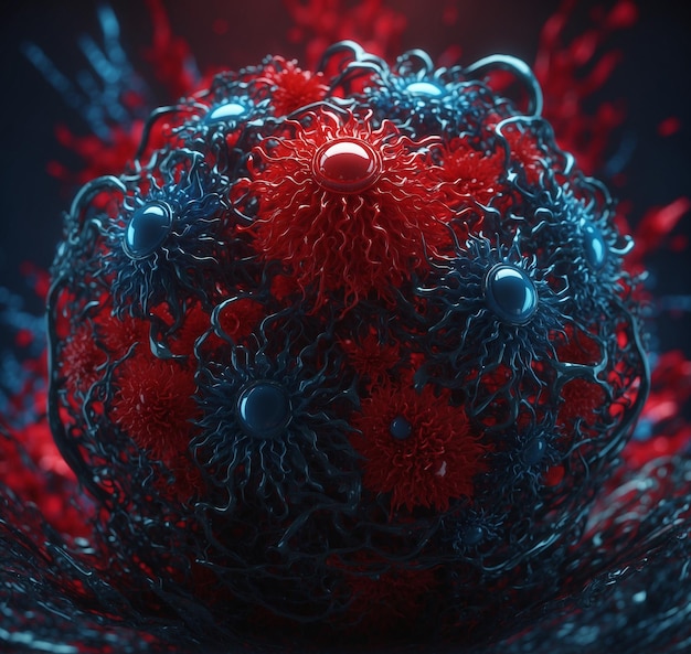 une boule rouge avec un dessin bleu et rouge est montrée avec des cercles rouges et bleus