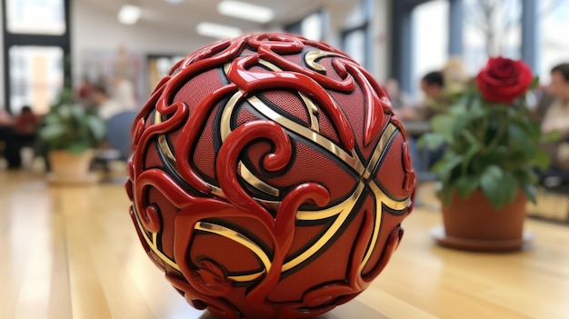 Une boule rouge et or posée sur une table ai