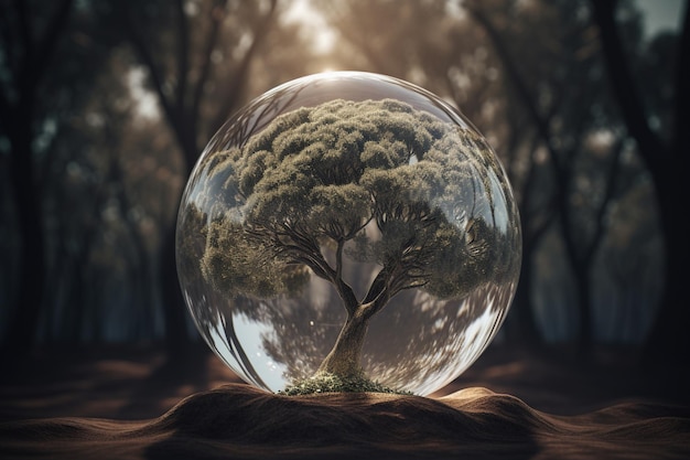 Une boule transparente avec un arbre à l'intérieur