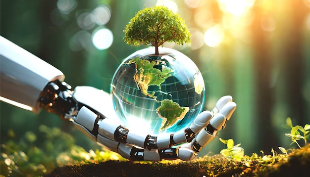 Une boule de verre 3D en cristal de terre et un arbre dans la main d'un robot sauvant l'environnement vert