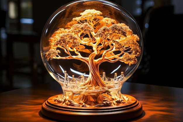 Boule de verre avec un arbre à l'intérieur sur la table IA générative