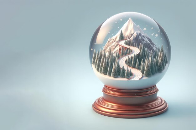 Boule de verre avec des arbres couverts de neige et une montagne Lieu pour le texte