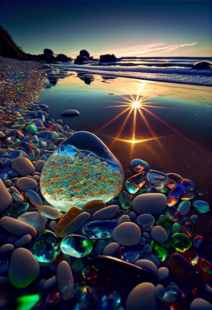 Boule de verre assise au sommet d'une ai générative de plage de sable