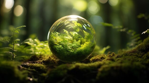 Une boule de verre assise sur un sol couvert de mousse