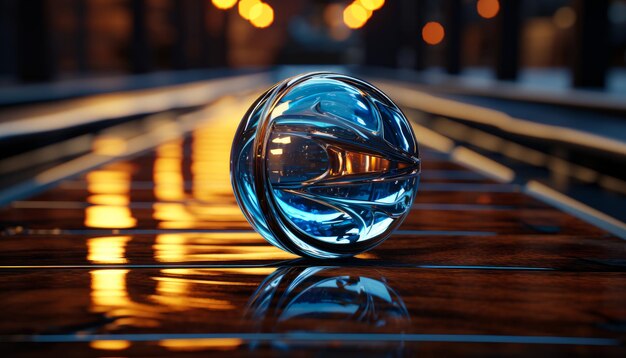 Une boule de verre assise sur une table en bois
