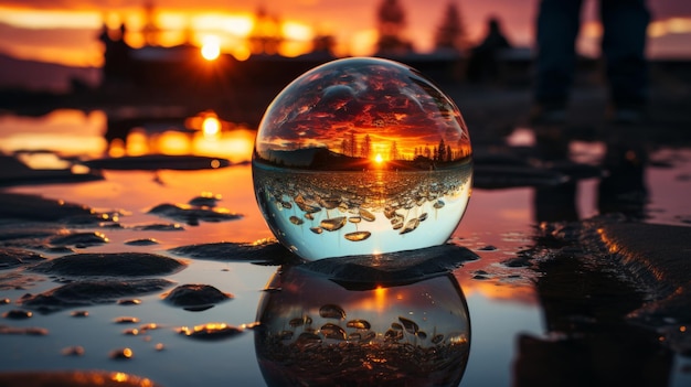 Boule de verre au-dessus de l'eau et éclaboussures d'eau sur une boule transparente