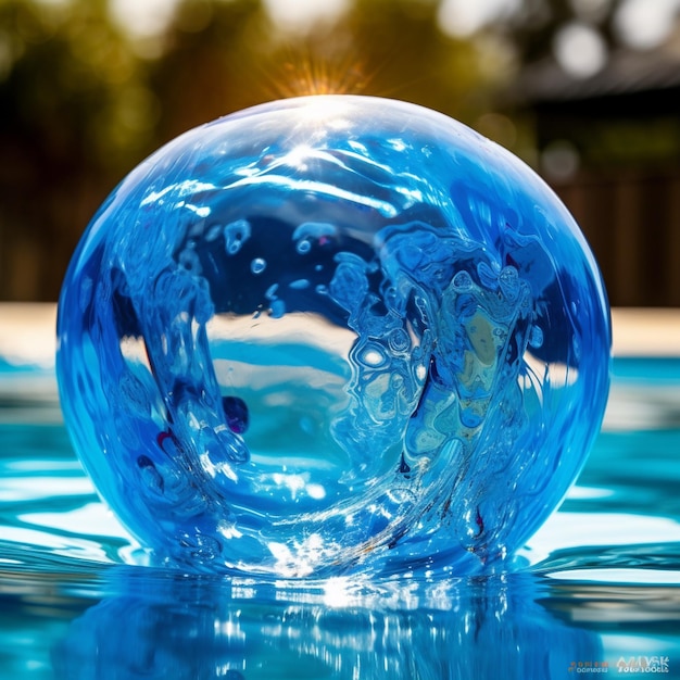 Une boule de verre bleue flotte dans une piscine avec le soleil qui brille dessus.