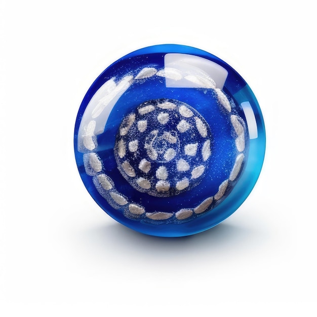 Une boule de verre bleue avec un fond blanc et un cercle bleu avec une fleur blanche dessus.