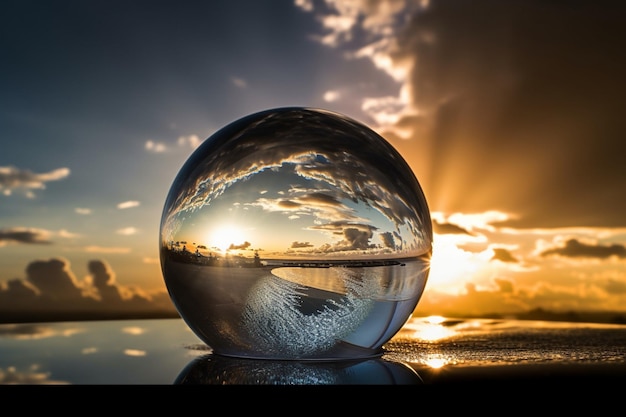 Une boule de verre avec un coucher de soleil en arrière-plan