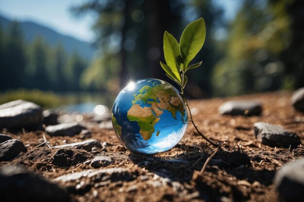 Une boule de verre en cristal de terre et un arbre dans la main d'un robot sauvant l'environnement sauvant une planète propre