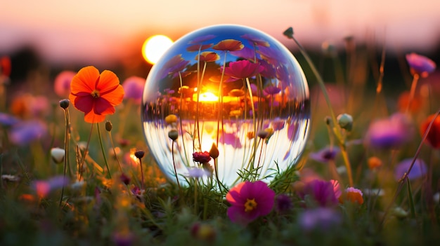 Photo une boule de verre dans un champ de fleurs