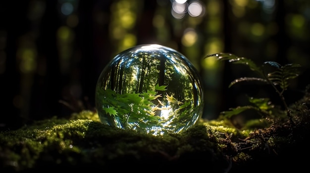 Une boule de verre dans la forêt avec une forêt en arrière-plan