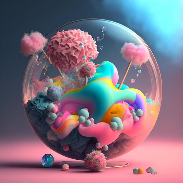 Une boule de verre avec un design rose et bleu et le nuage de mots dedans