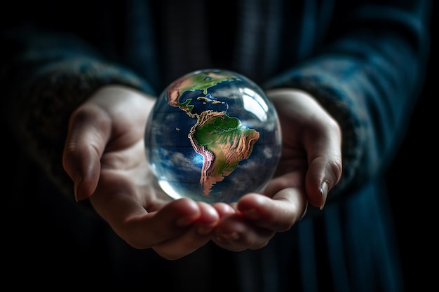 Une boule de verre du monde est tenue dans les mains de quelqu'un.