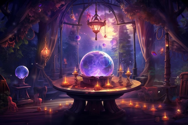Une boule de verre est dans une lanterne dans une forêt magique.