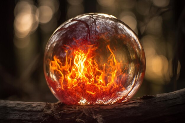 Une boule de verre avec un feu dessus