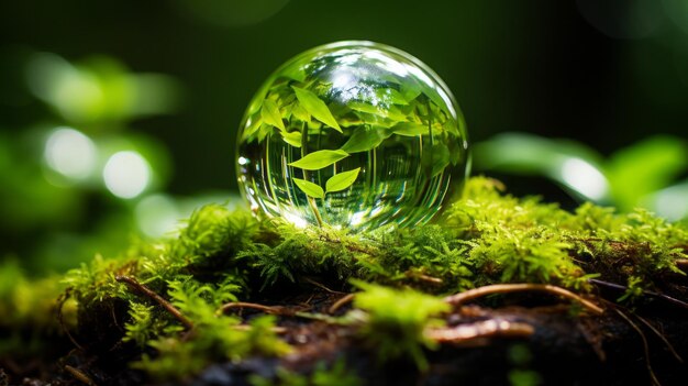 une boule de verre avec des feuilles vertes au sommet d'un arbre couvert de mousse