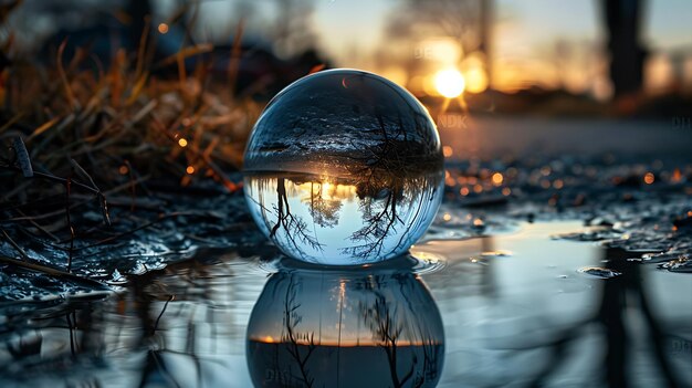 Photo une boule de verre sur une flaque d'eau.