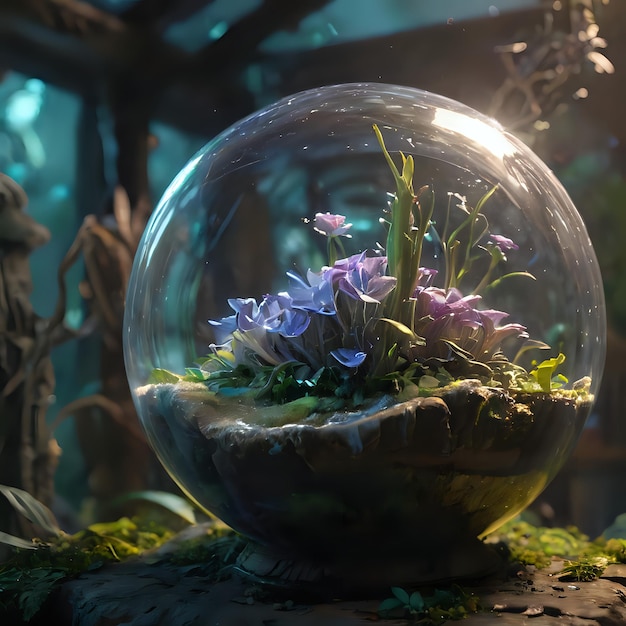 une boule de verre avec des fleurs et un arbre en arrière-plan
