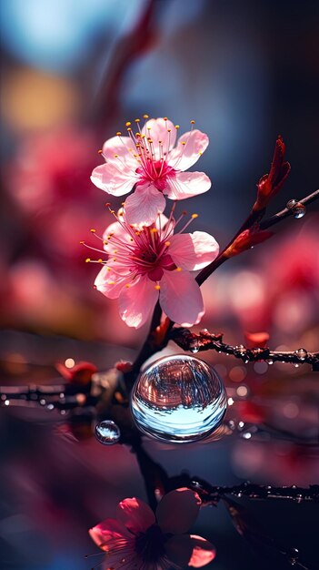 une boule de verre avec des fleurs roses dedans est assise sur une table