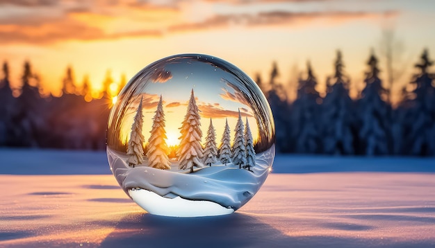 Boule de verre sur fond d'un magnifique paysage d'hiver