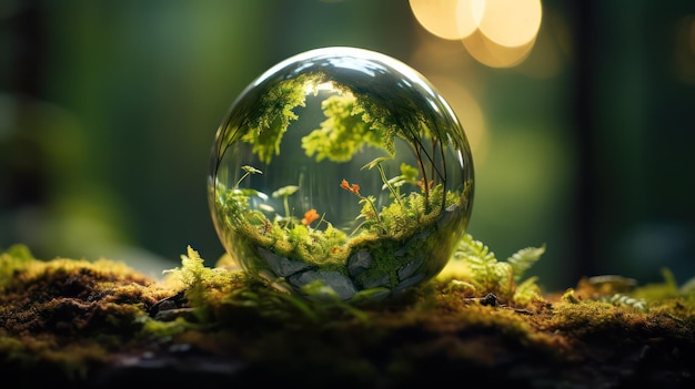 Boule de verre avec de l'herbe verte et des poissons rouges à l'intérieur Concept de la nature