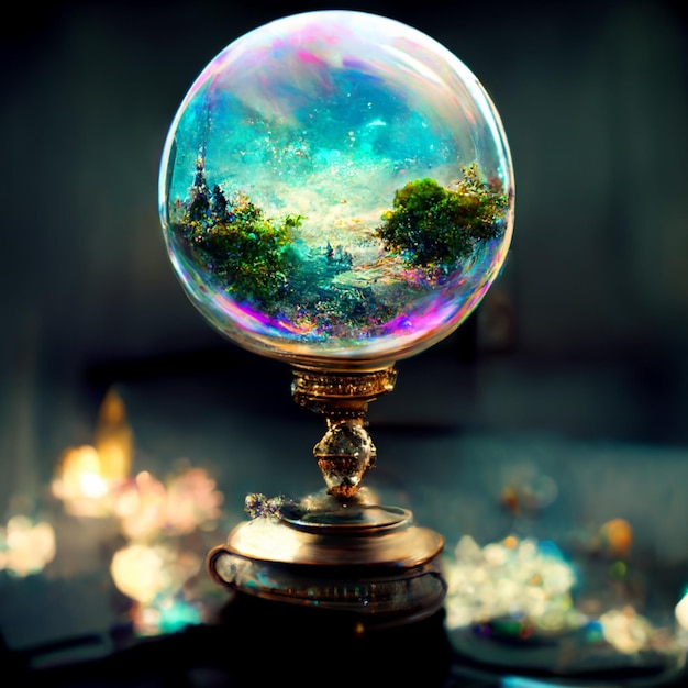 Photo une boule de verre avec une image d'une forêt dessus