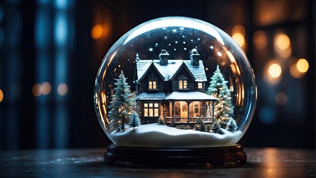 Photo boule de verre magique avec une petite maison d'hiver moderne et confortable à l'intérieur sur un fond de noël festif