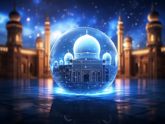 Une boule de verre avec une miniature de mosquée Generative AI