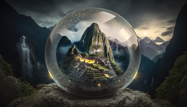 Une boule de verre avec une montagne et les mots machu picchu au milieu.